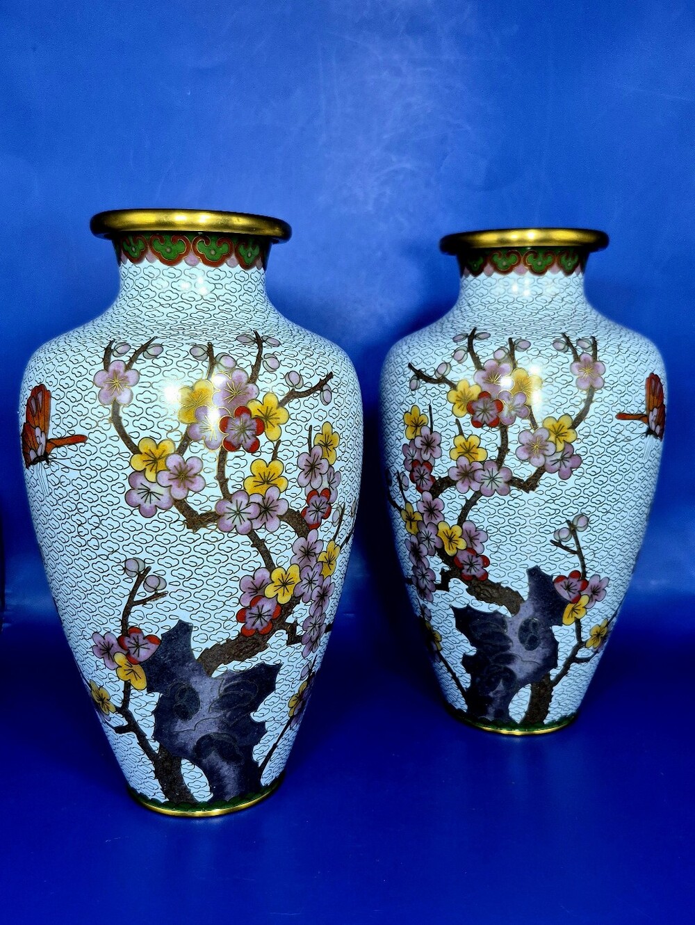 Vintage Jingfa Chinese Cloisonné Vases - 8.25" Matching Pair Blossoming Flowers